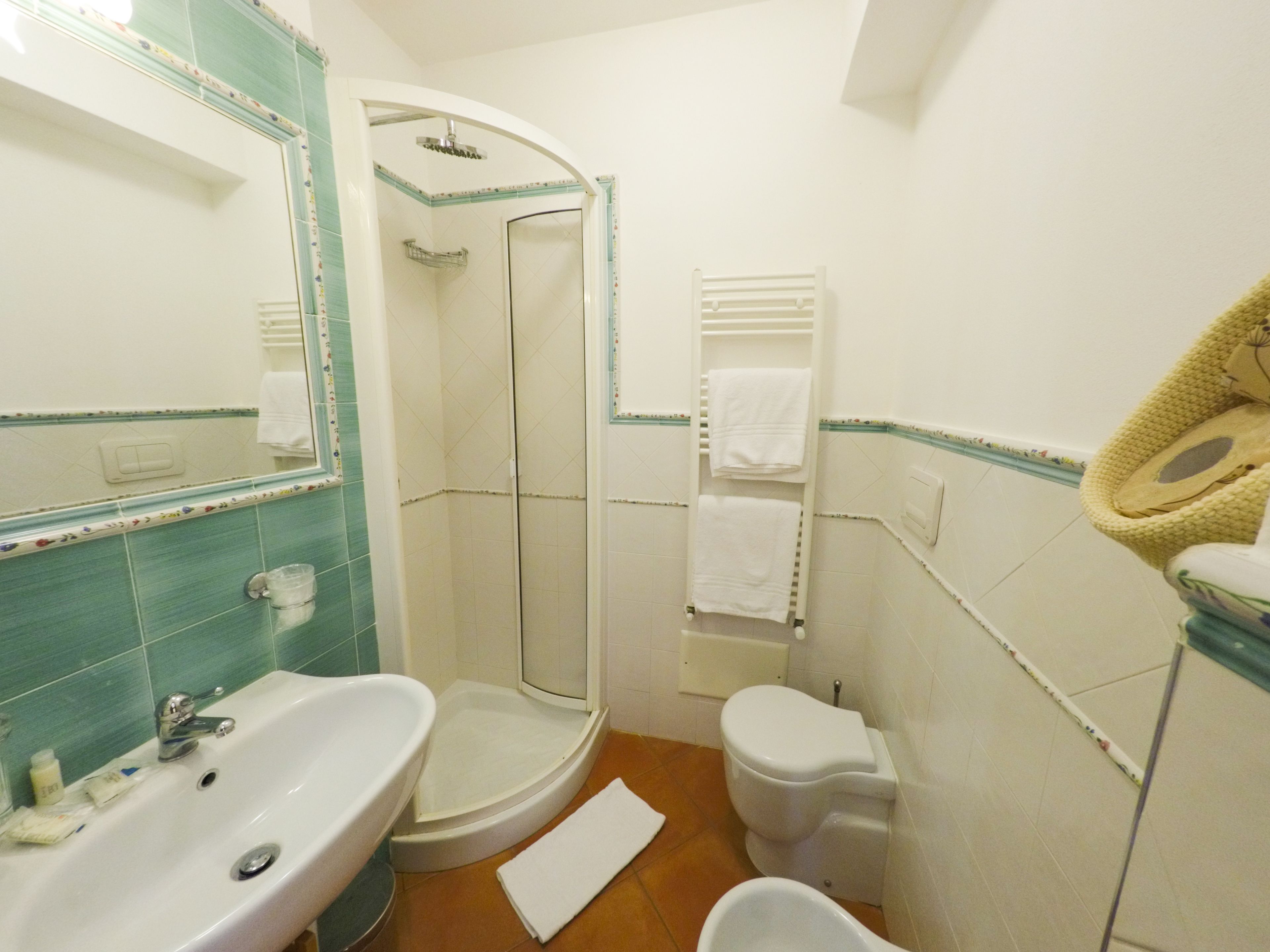 Un baño con lavabo, inodoro, ducha y un perchero para toallas.