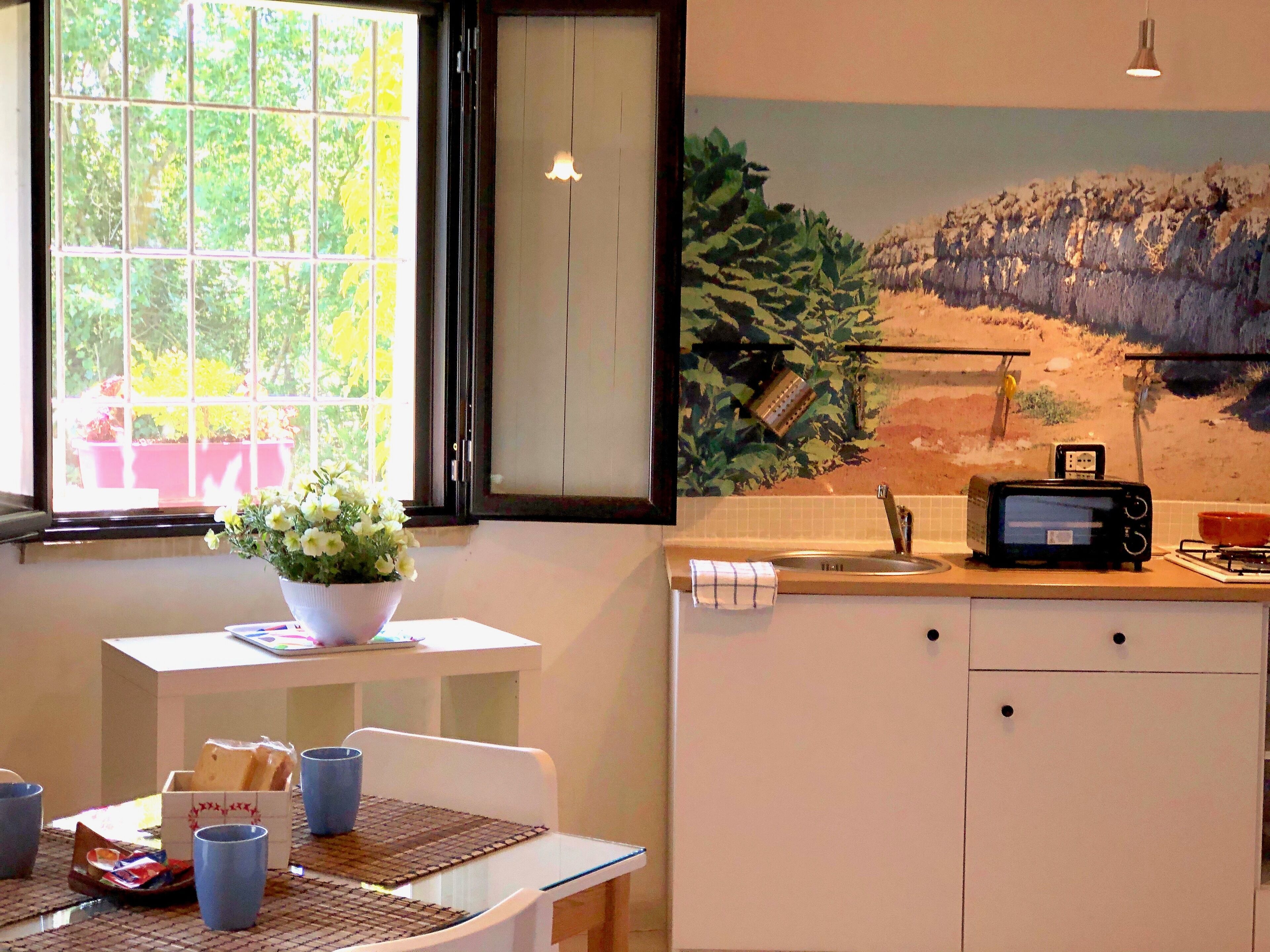 Una cocina con ventana, una mesa con una planta y un microondas.