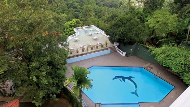 A swimming pool with a dolphin mural, surrounded by lush greenery and a white fence. - The Swiss Residence (Kandy)