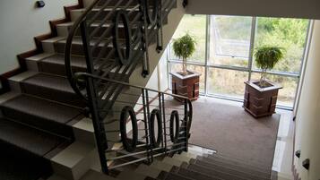 A staircase with a metal railing, carpeted steps, and two potted plants at the bottom.