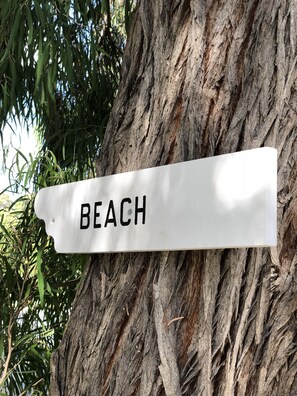 A white sign with the word "BEACH" mounted on a tree trunk.