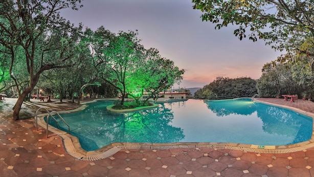 Une piscine dotée d’une terrasse carrelée en forme d’hexagone, entourée d’arbres, avec un coucher de soleil en arrière-plan.
