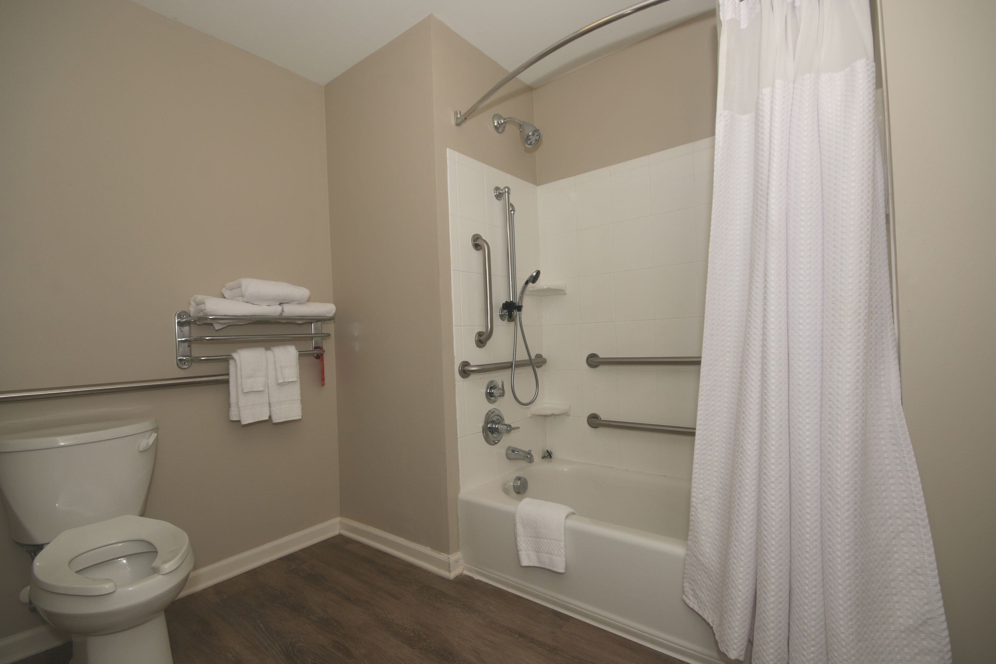 A bathroom with a toilet, a shower with grab bars, and a bathtub.