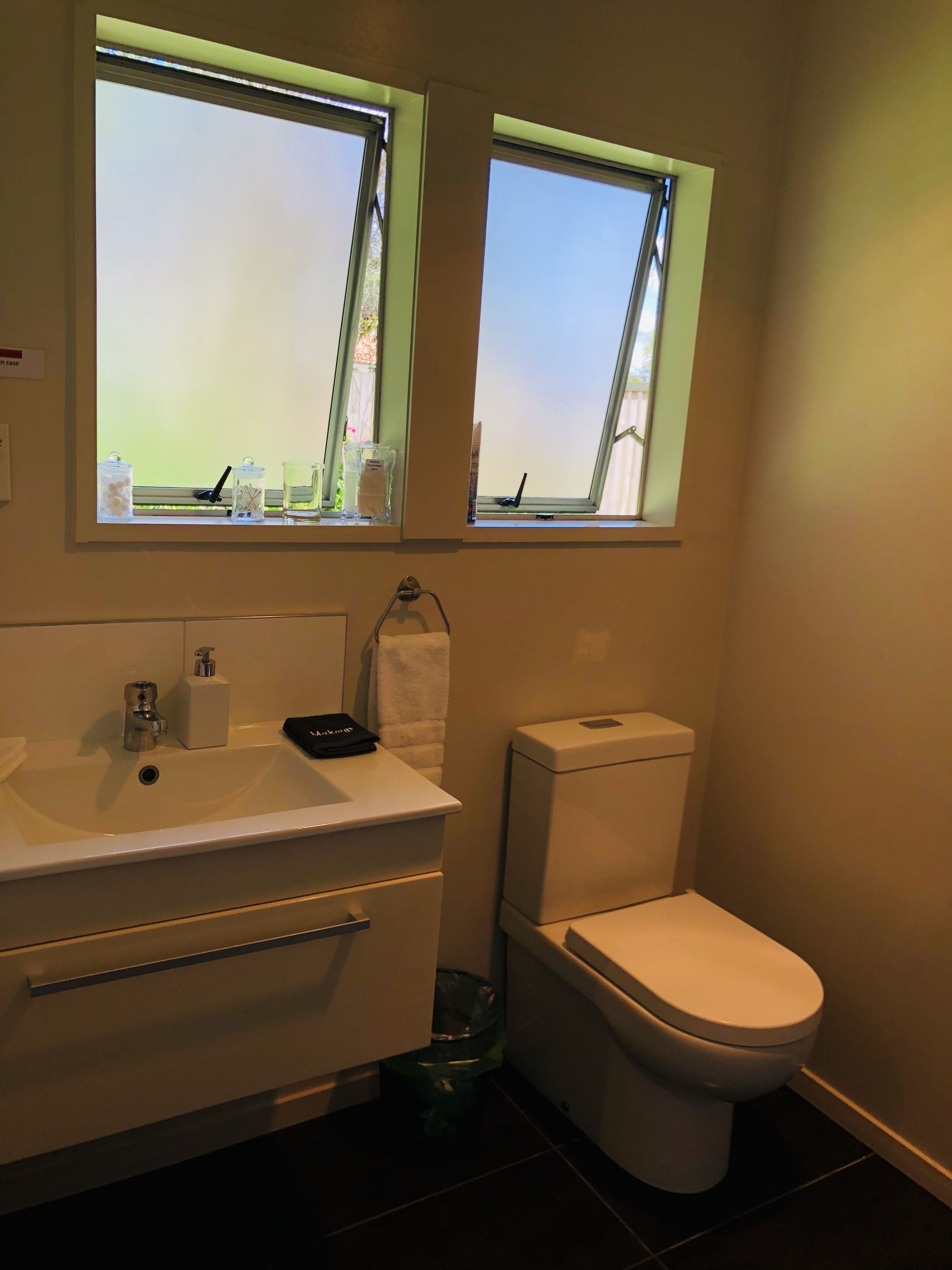 Un baño con lavabo, inodoro y dos ventanas.