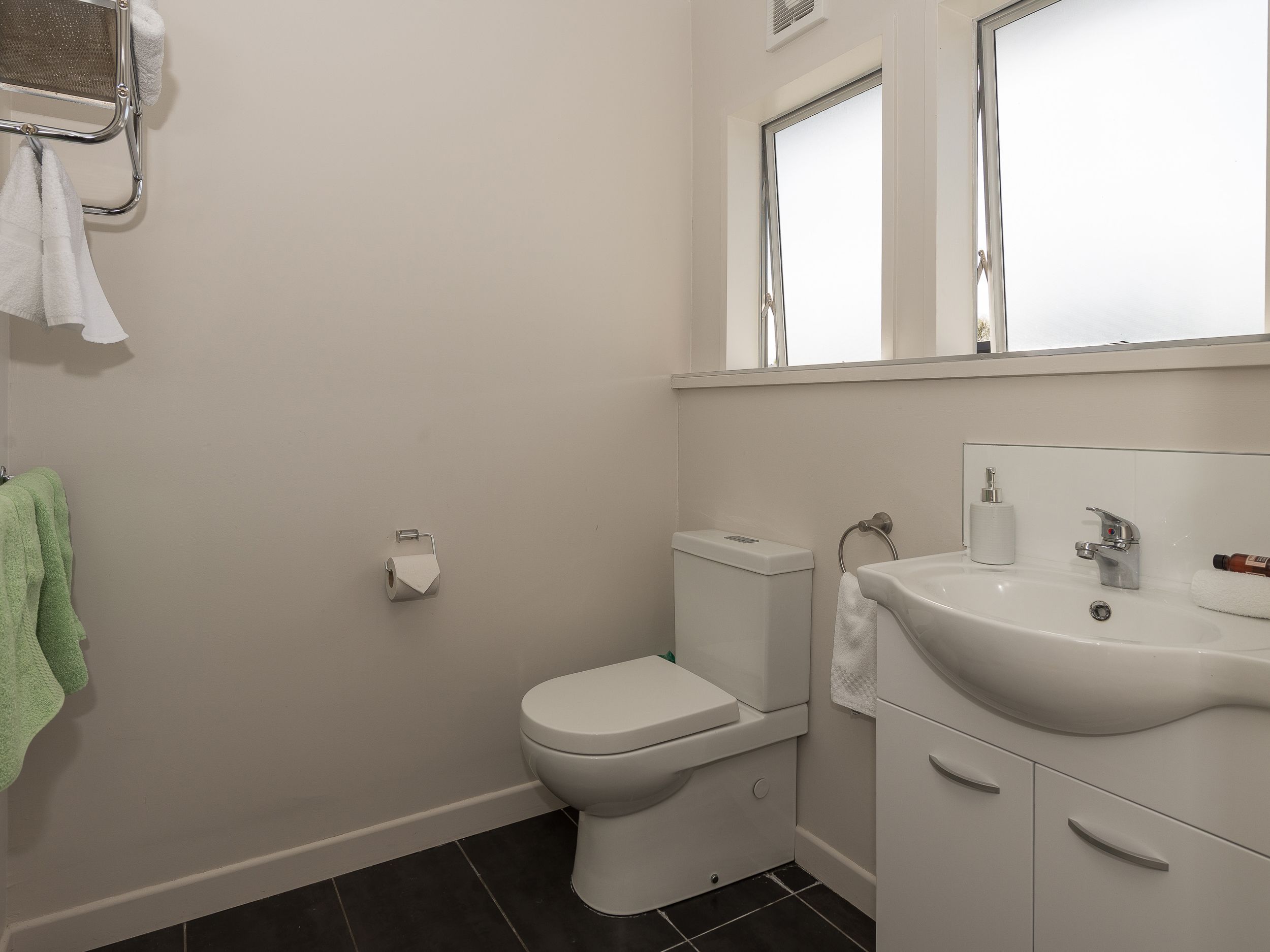 A bathroom with a toilet, sink, and towel rack.