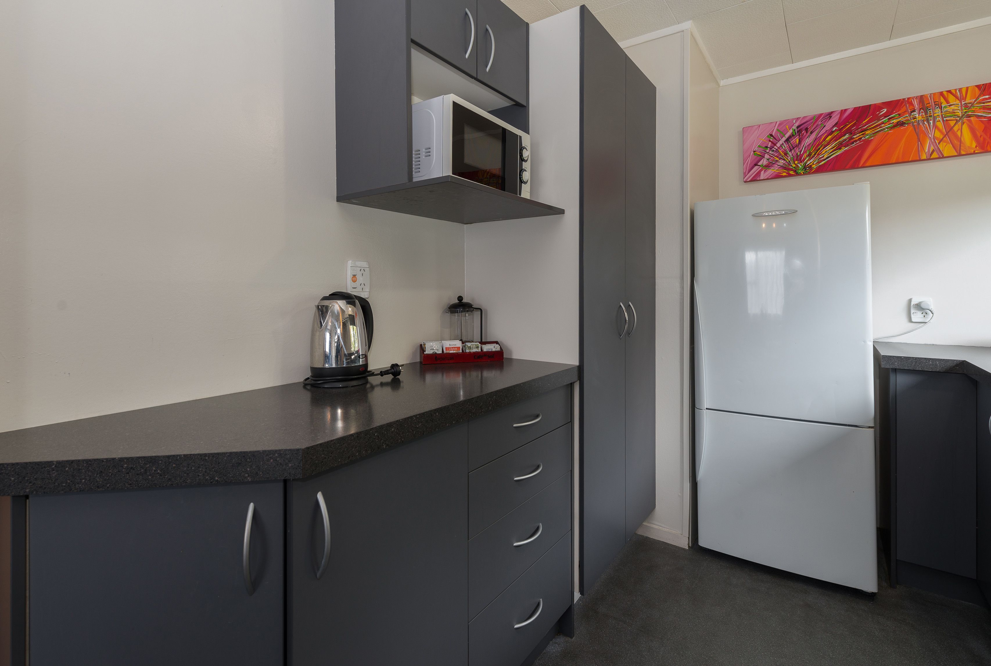 Une cuisine moderne avec des meubles gris, un four à micro-ondes, une bouilloire et un réfrigérateur.