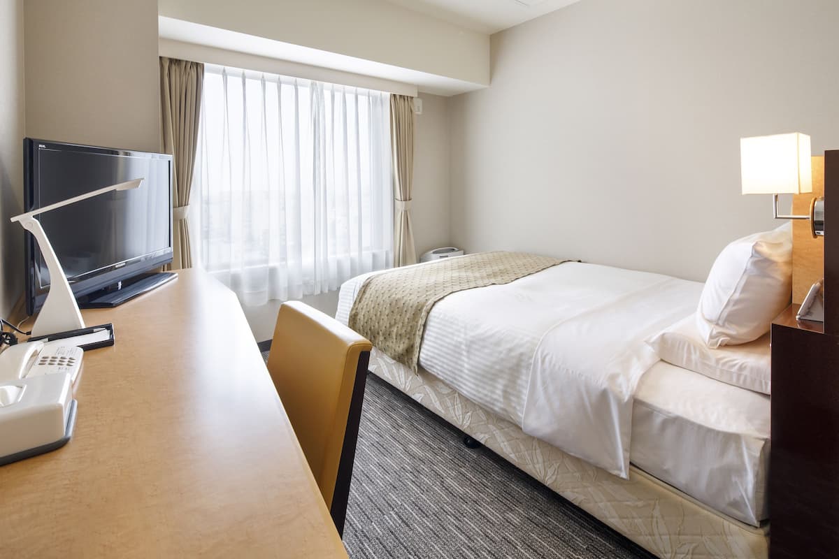 Una habitación de hotel con cama, escritorio, teléfono, televisor y lámpara.