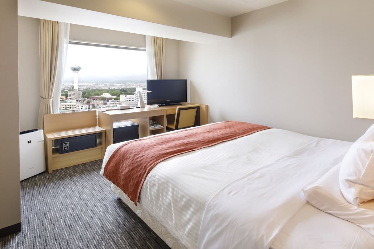 A hotel room with a bed, a desk, a television, and a window with a city view.