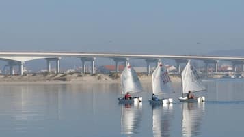 Three sailboats on calm water with a bridge in the background.