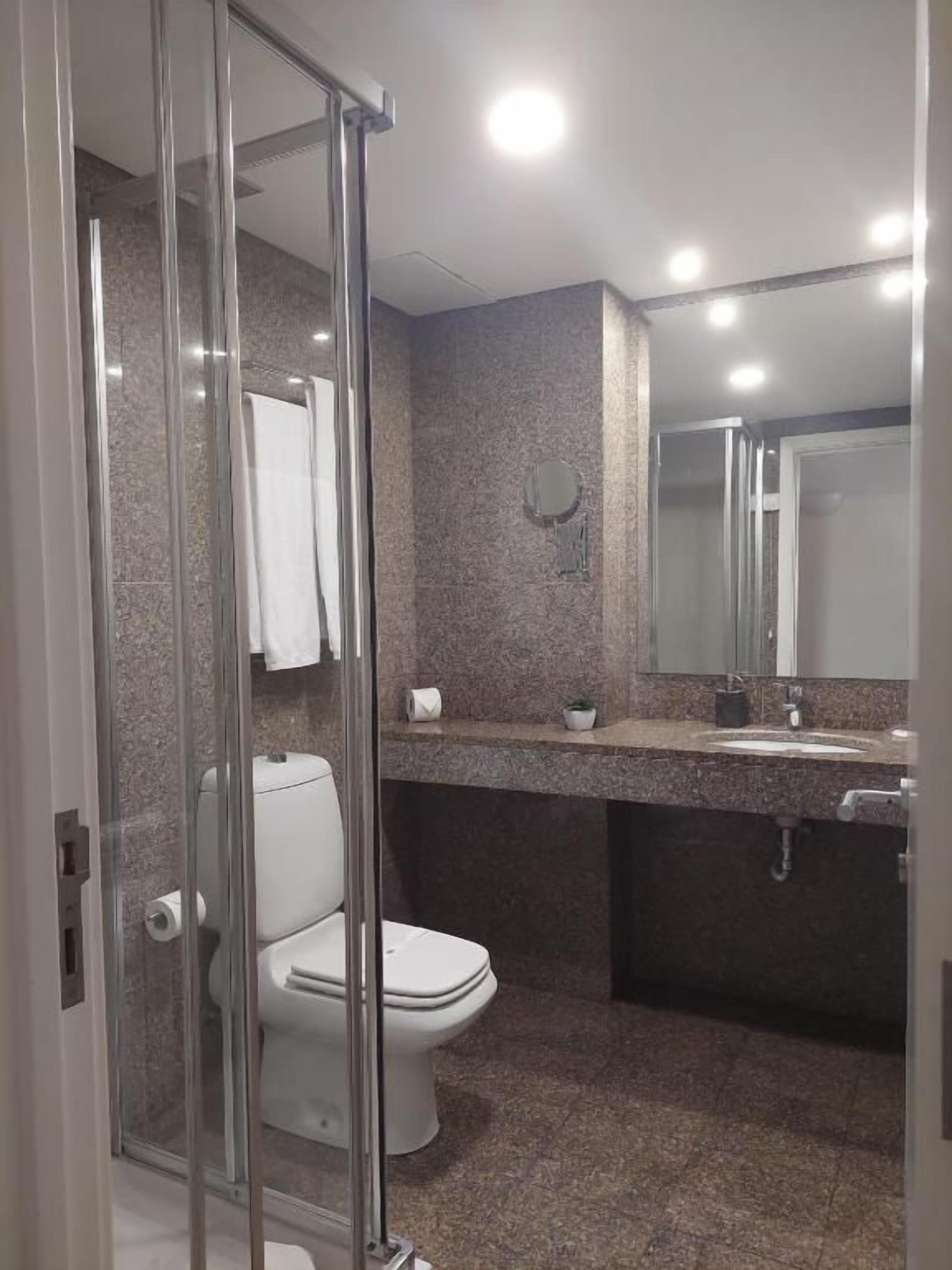A bathroom with a glass shower enclosure, a toilet, a sink, and a mirror.