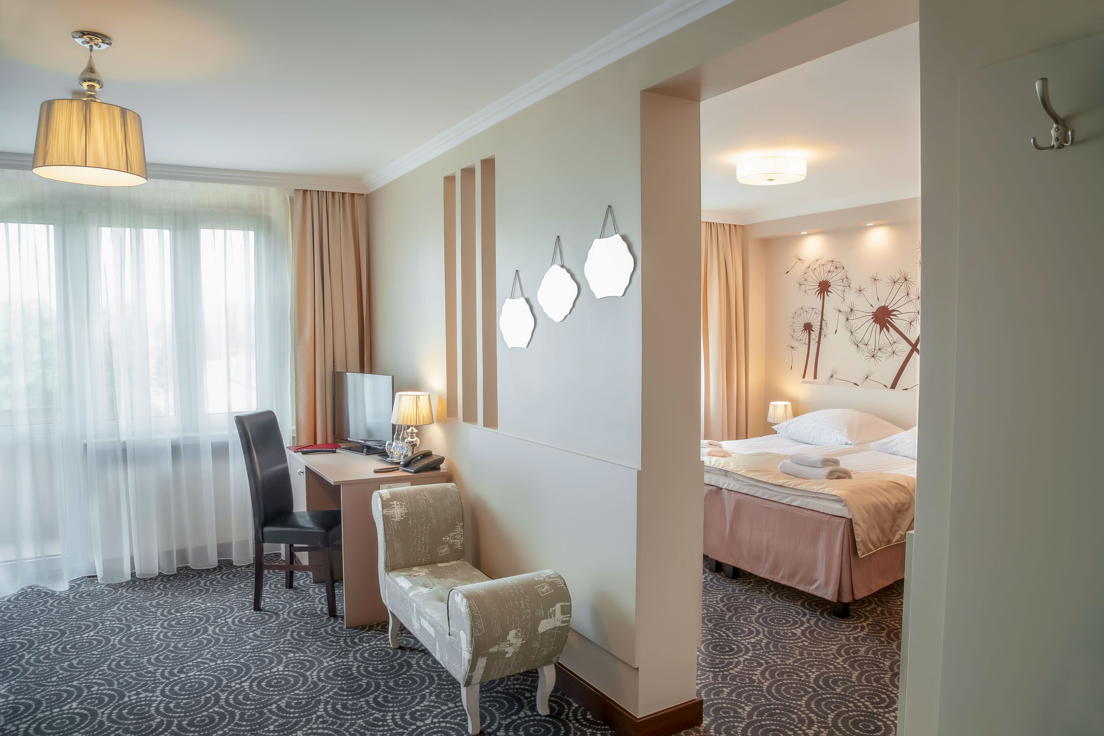 hypo-allergenic bedding, individually decorated, desk, laptop workspace