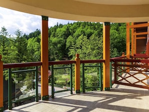 Un espace extérieur abrité offrant une vue sur un paysage boisé.