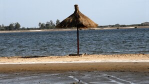 Una playa con una sombrilla de paja y una orilla arenosa.