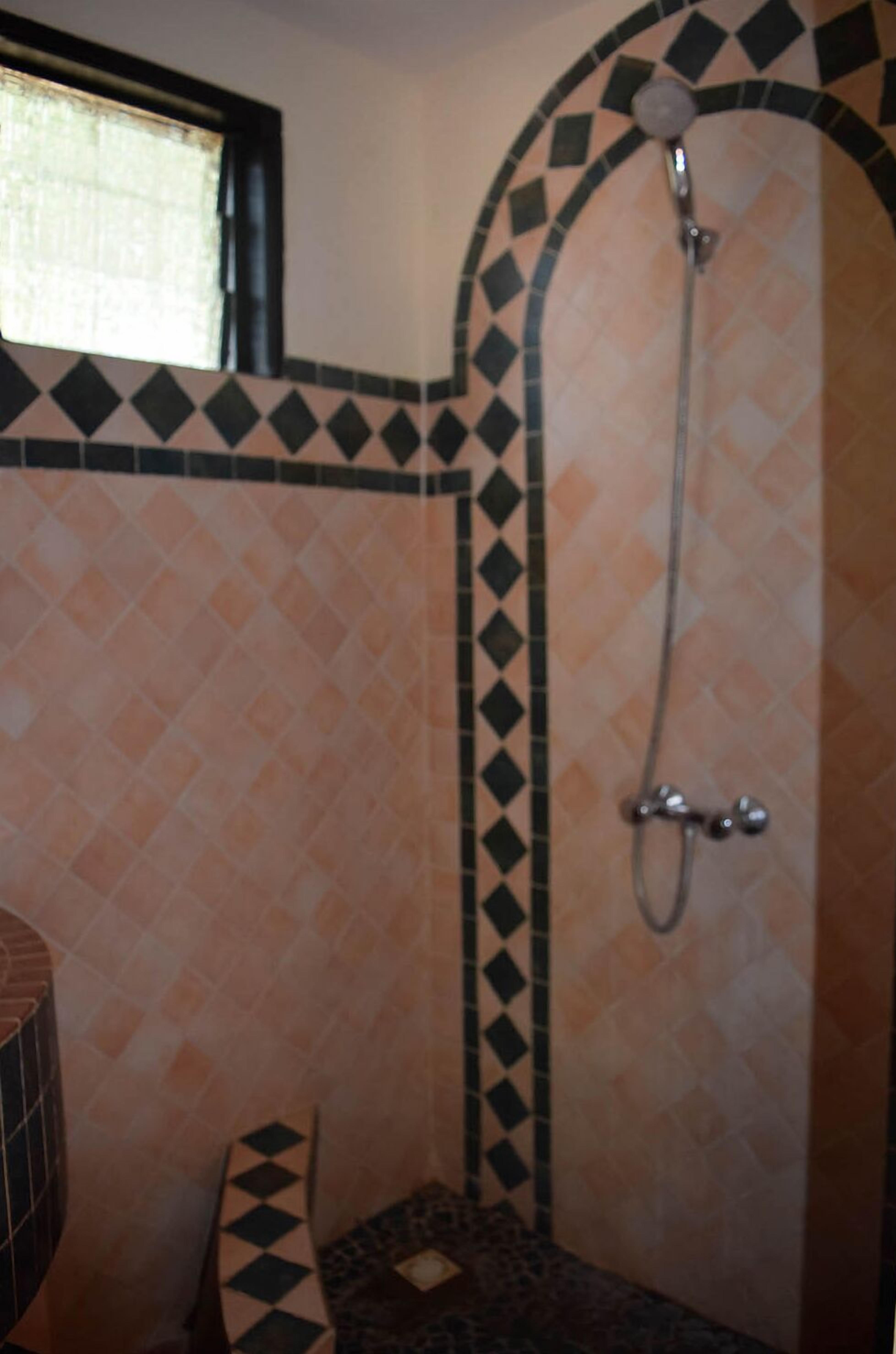 A bathroom with a shower area featuring a geometric tile pattern and a window above the shower.