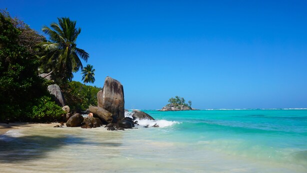 Une plage avec une eau turquoise et limpide, de gros rochers et des palmiers.