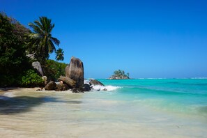 Una playa con agua turquesa cristalina, rocas grandes y palmeras.
