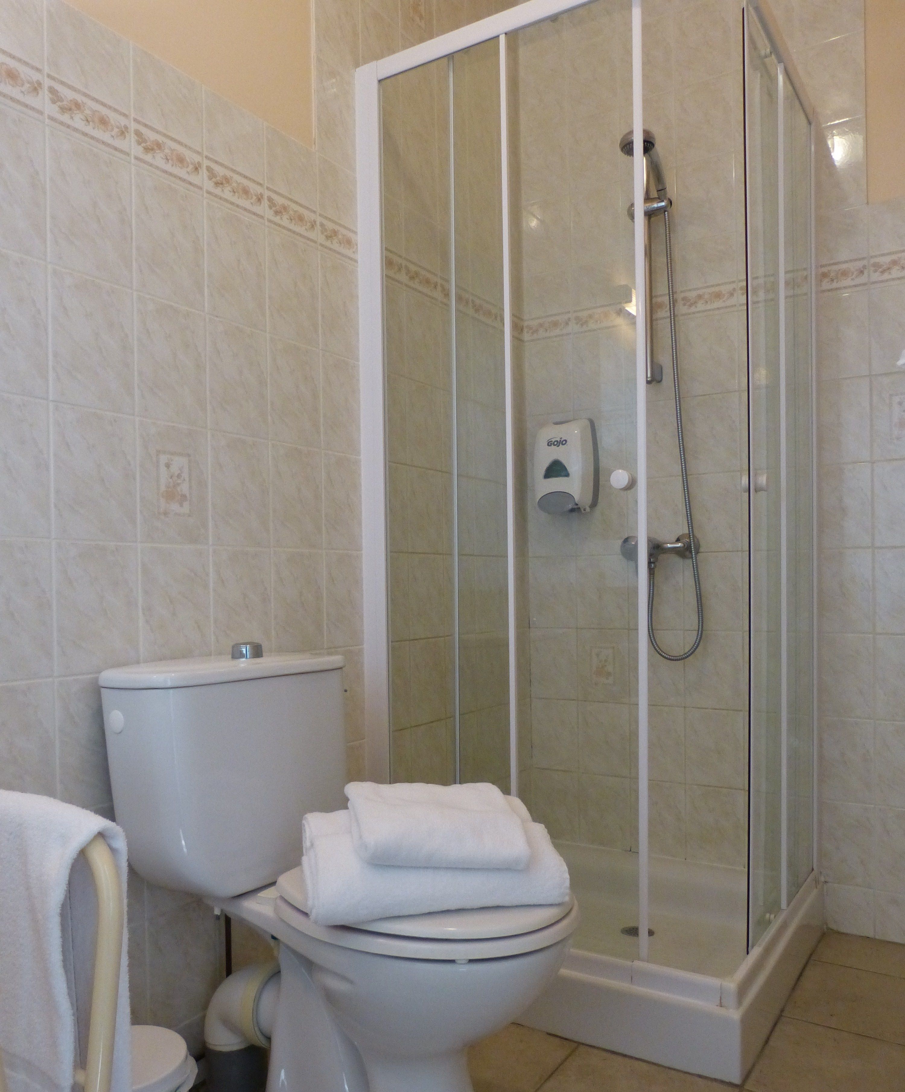 A bathroom with a toilet, a glass-enclosed shower, and a hand soap dispenser.