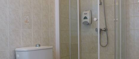 A bathroom with a toilet, a glass-enclosed shower, and a hand soap dispenser.