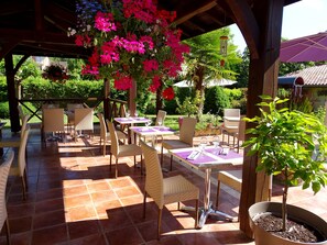 An outdoor patio with wicker furniture and tables, surrounded by potted plants and flowers.