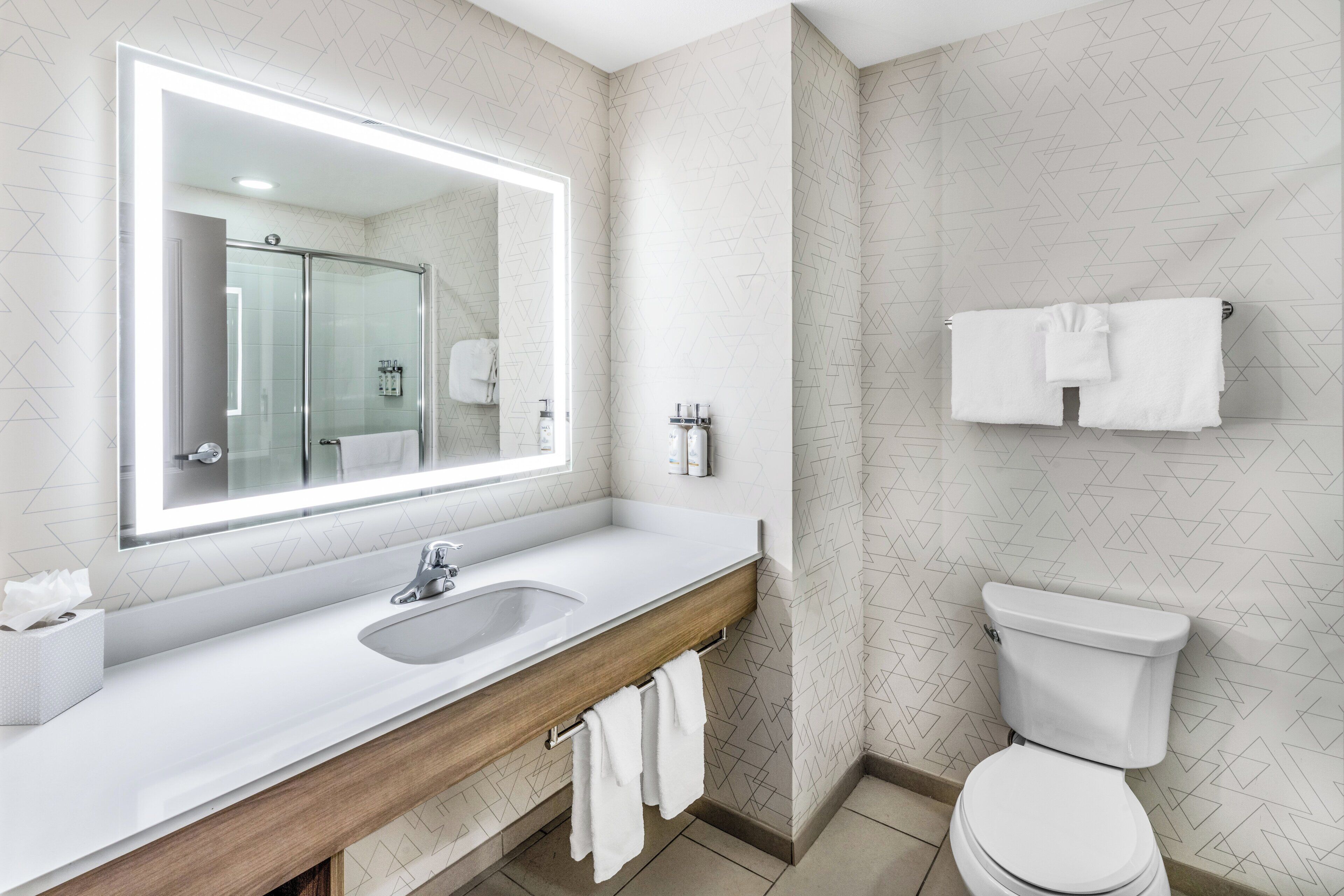 combined shower/bathtub, free toiletries, hair dryer, towels