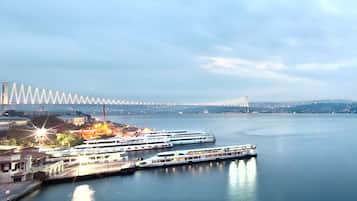 Un puerto deportivo frente al mar con varias embarcaciones amarradas, un puente grande al fondo y un paisaje urbano al otro lado del agua.