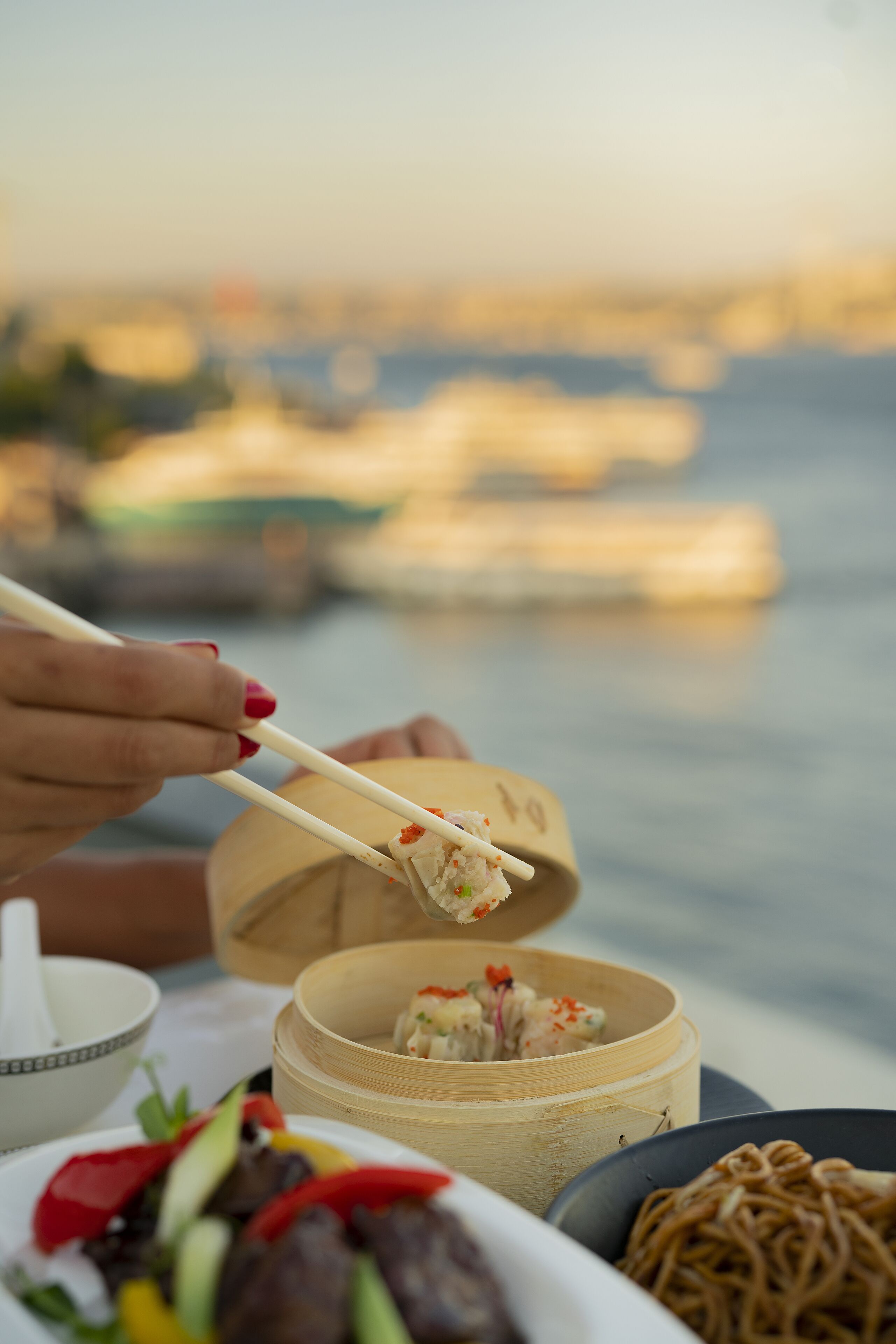 A meal with chopsticks, a bowl, and a wooden container with food, with a body of water and boats in the background.