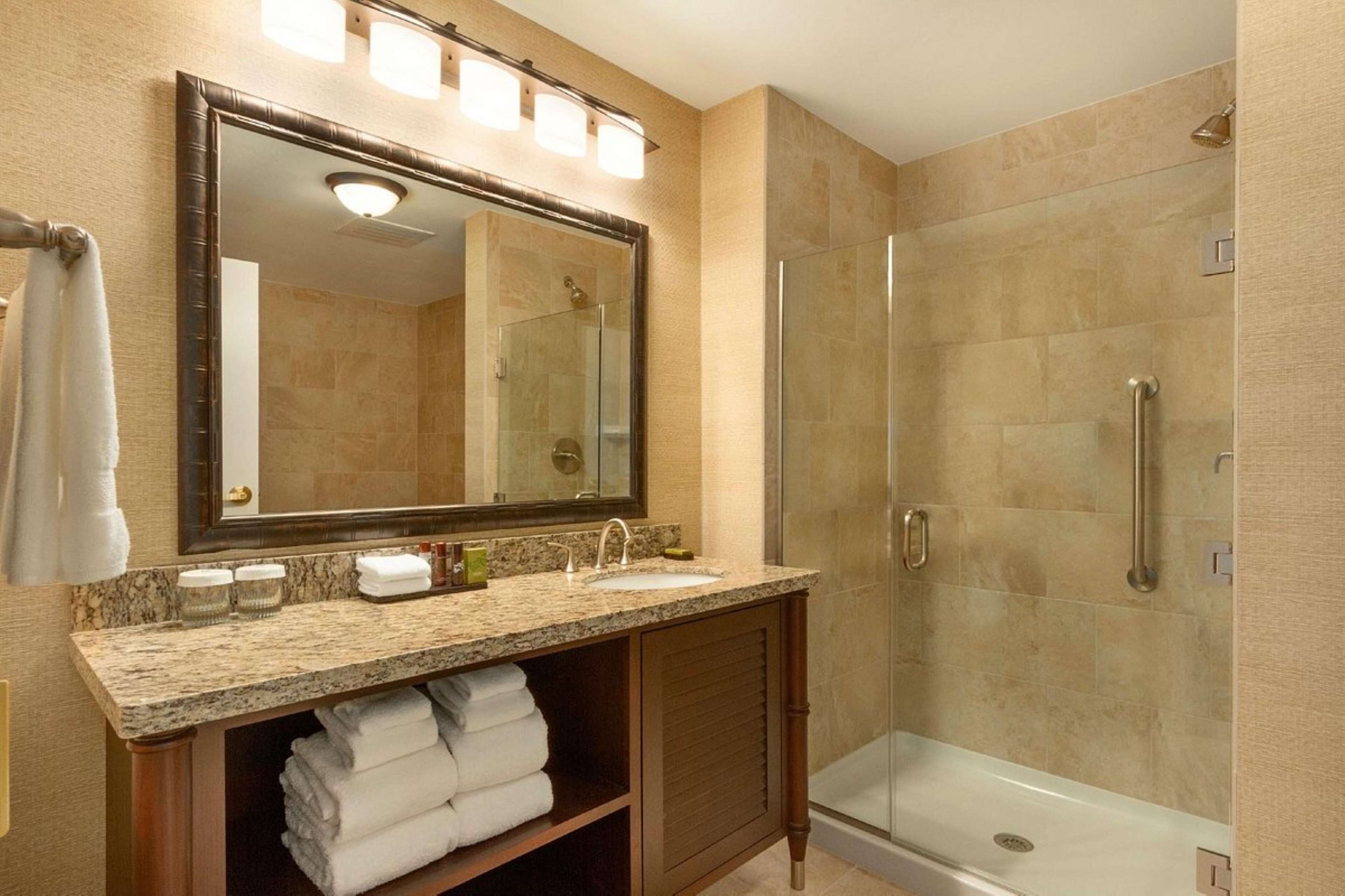 Une salle de bain avec un grand miroir, un lavabo et une douche.