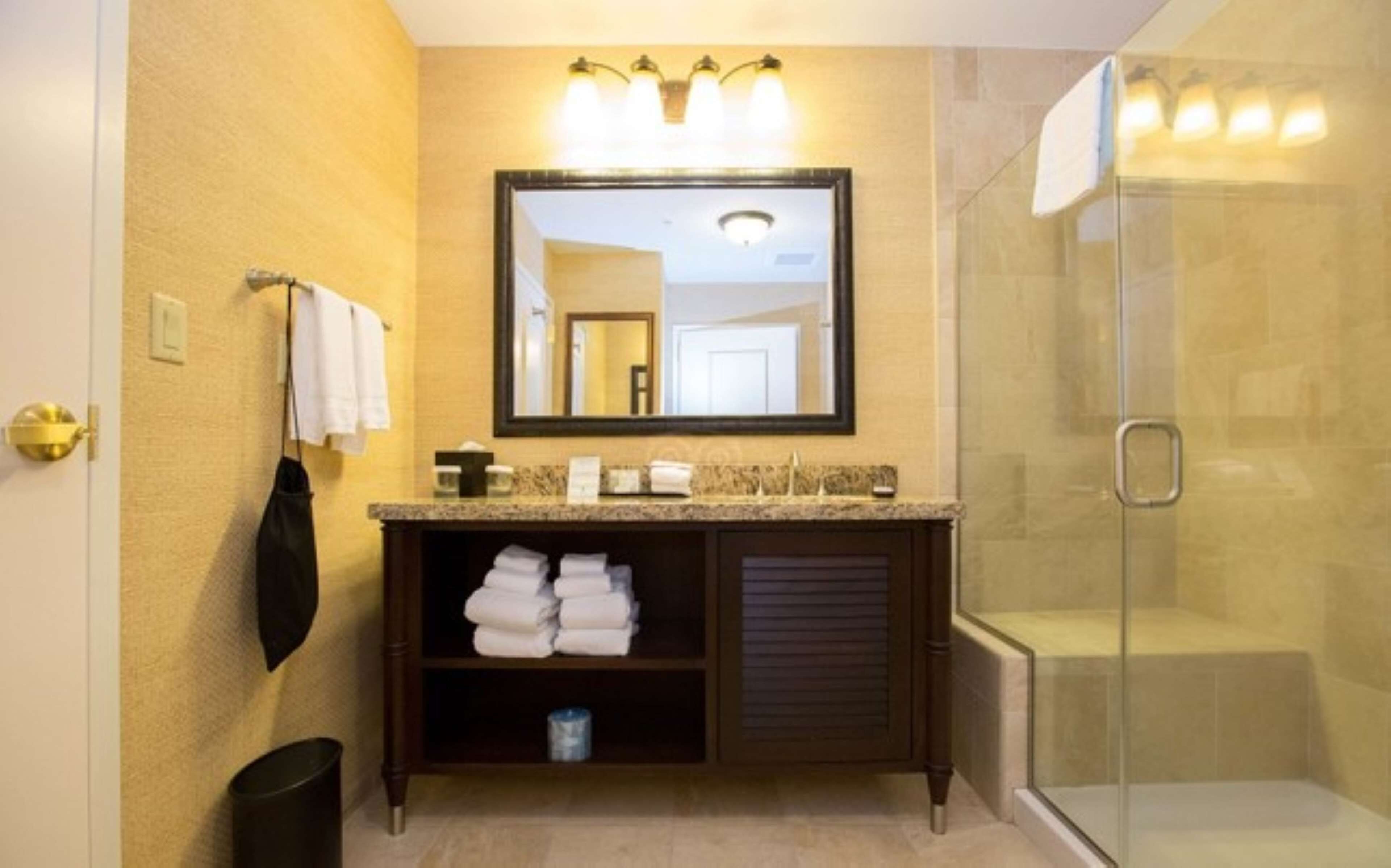 combined shower/bathtub, free toiletries, towels