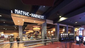 Un espacio interior moderno con un llamativo letrero 'NATIVE HARVEST', máquinas de juego y una zona de acceso para huéspedes.