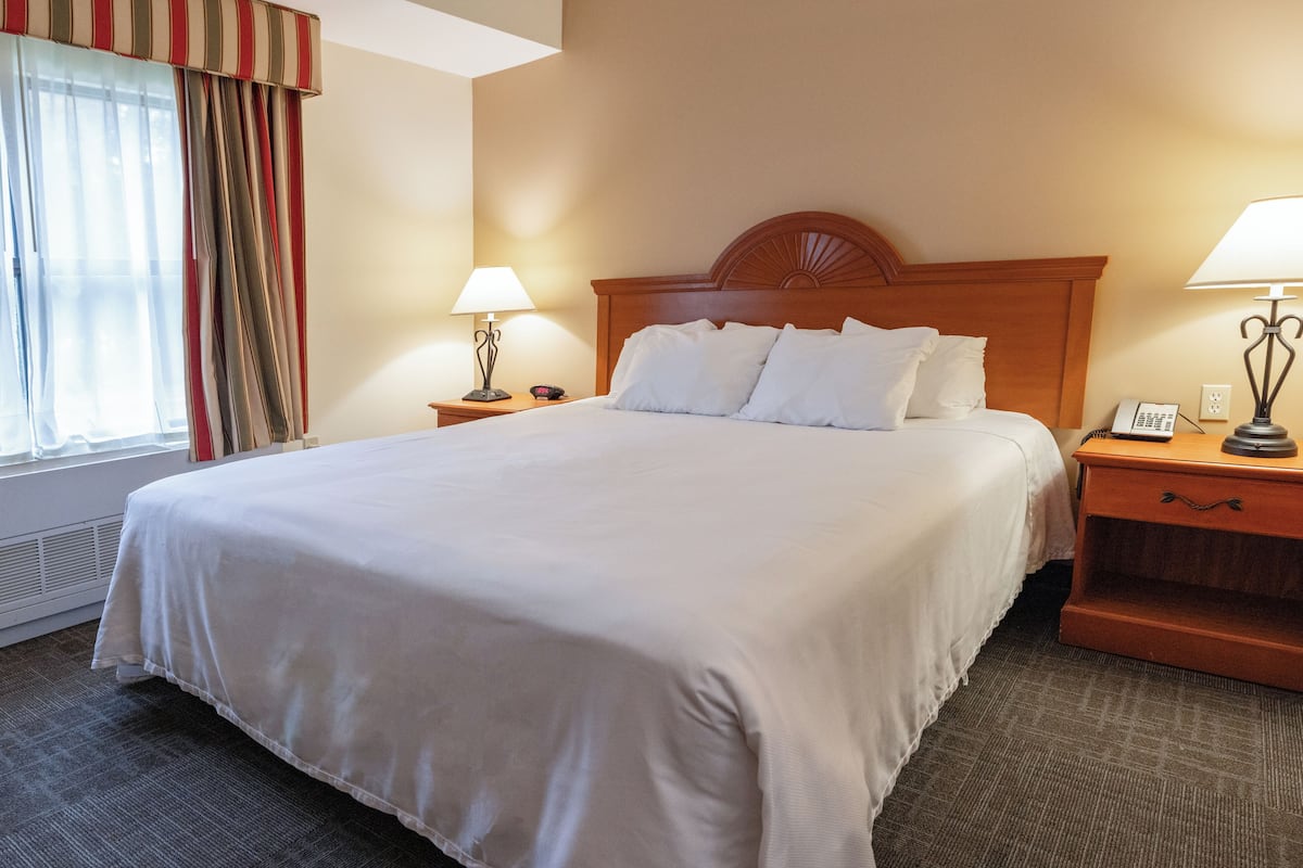 A hotel room with a large bed, two bedside tables with lamps, a clock, and a telephone.