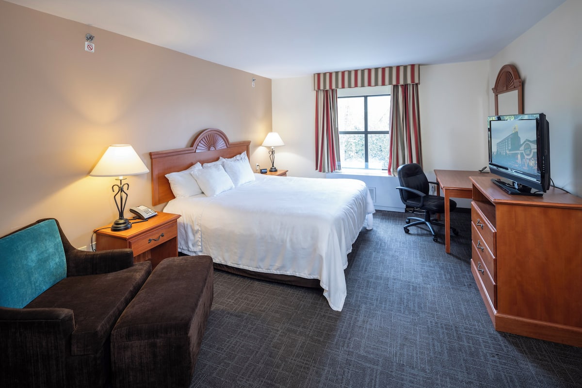 A hotel room with a large bed, two bedside tables with lamps, a desk with a chair, a television, and a window with curtains.