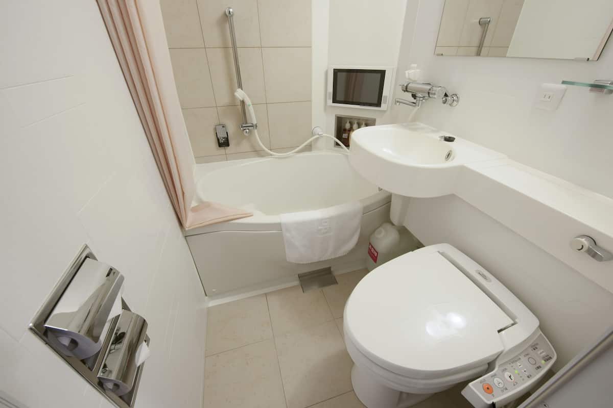combined shower/bathtub, free toiletries, hair dryer, slippers