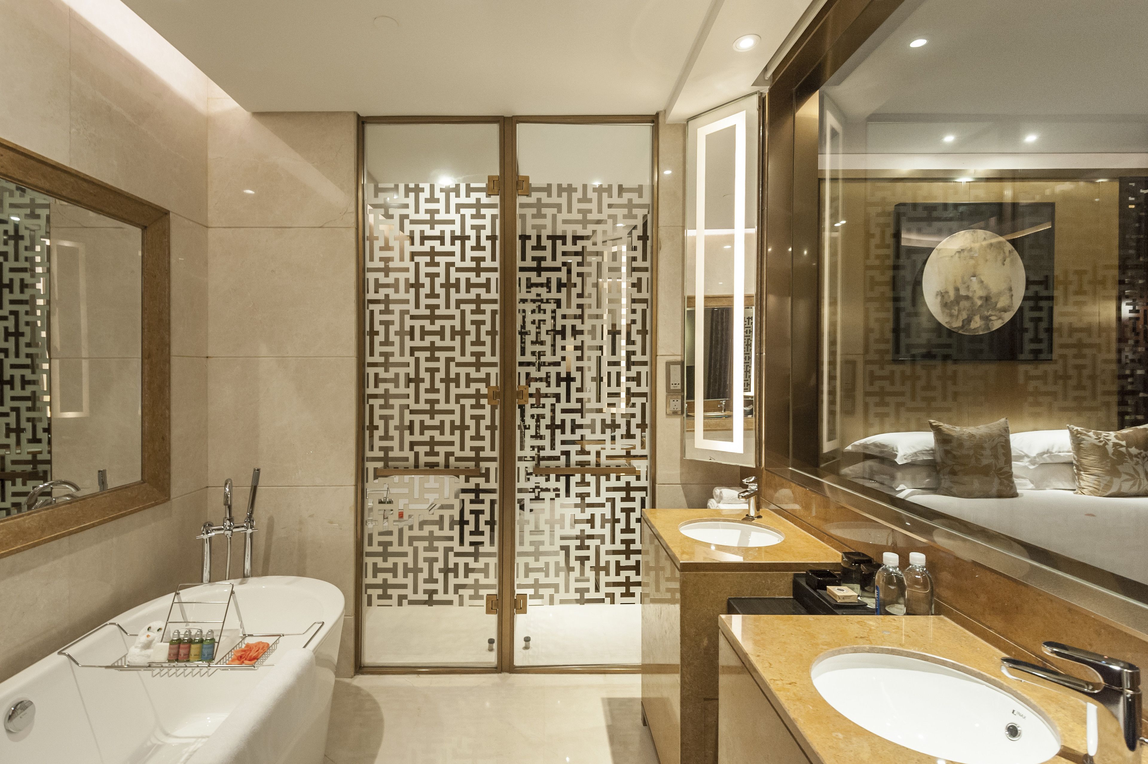 separate bathtub and shower, deep-soaking bathtub, rainfall showerhead