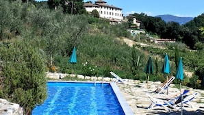 Una piscina con sillones de descanso y sombrillas, rodeada de follaje y un edificio grande al fondo.