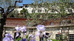 Un edificio de piedra con fachada rústica, rodeado de abundante follaje y flores púrpuras.