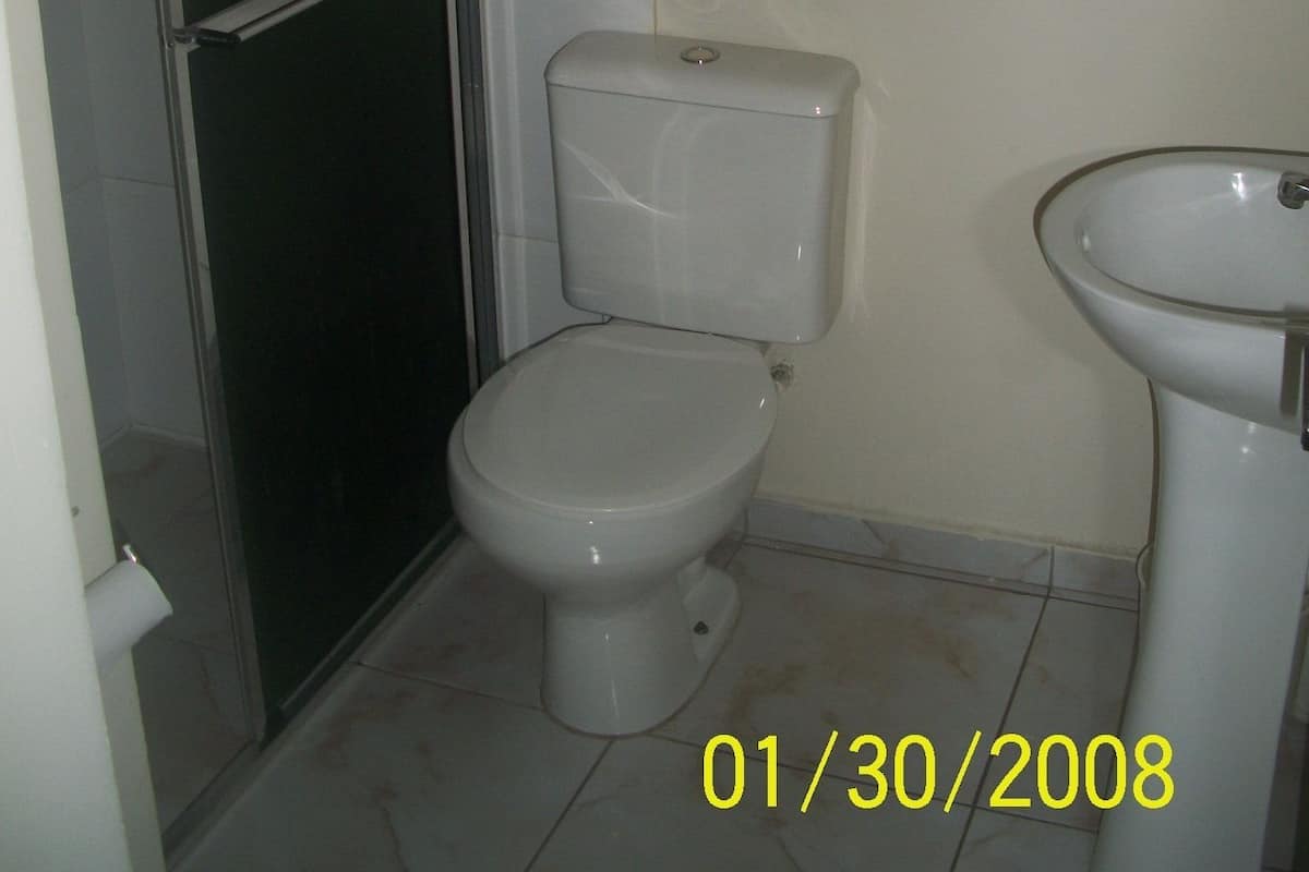 A small, basic bathroom with a toilet, a sink, and a shower stall.