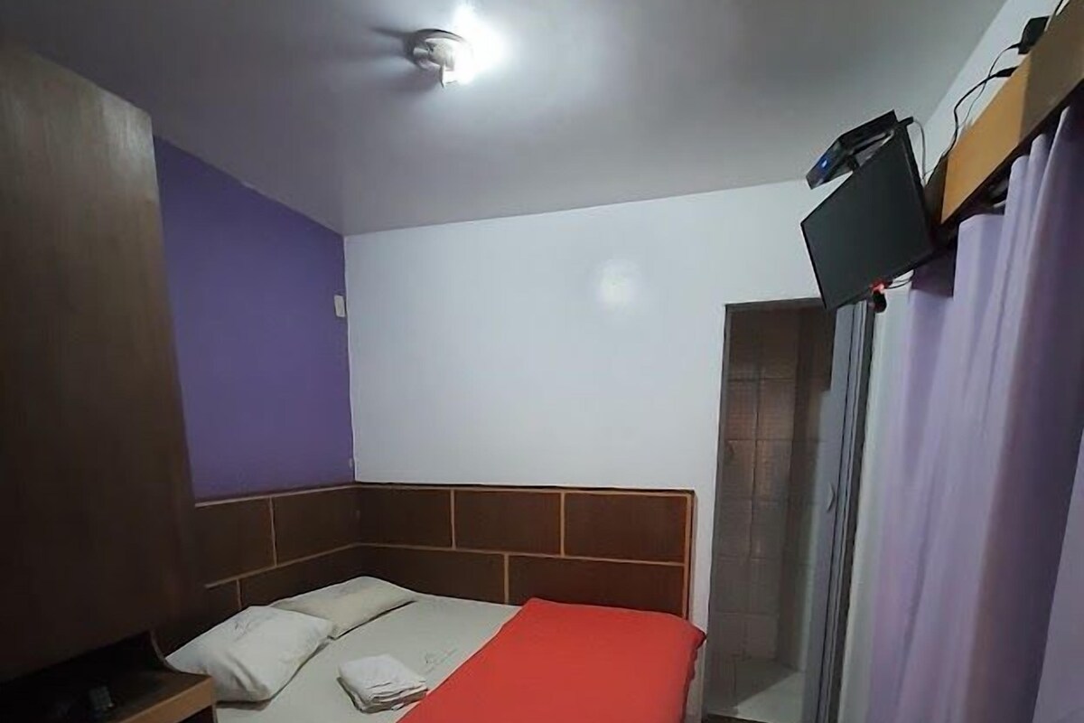 Une petite pièce simple, comprenant un lit, un bureau, un téléviseur fixé au mur et un espace douche.