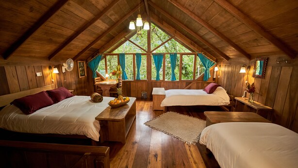 A cozy cabin with wooden walls and a sloped ceiling, featuring two beds, a dining table, and a large window with curtains. - Casa Divina Eco Lodge (Mindo)