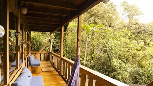 A wooden deck with seating and a hammock overlooking a dense forest. - Casa Divina Eco Lodge (Mindo)