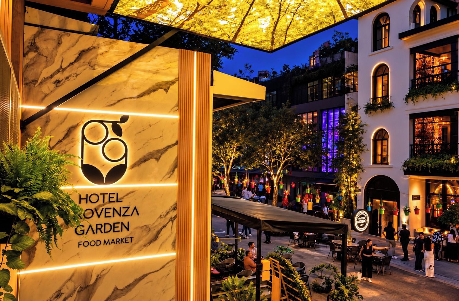 A hotel with a marble facade and a food market.