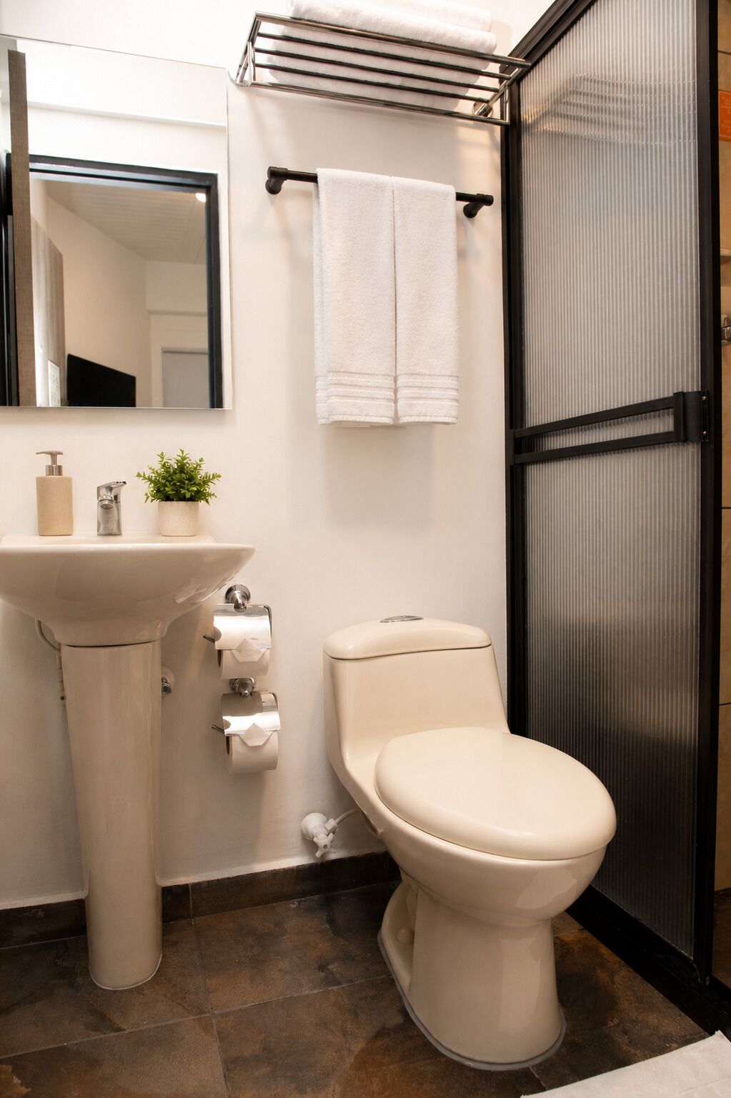 Une salle de bain équipée de toilettes, d’un lavabo et d’un porte-serviettes.