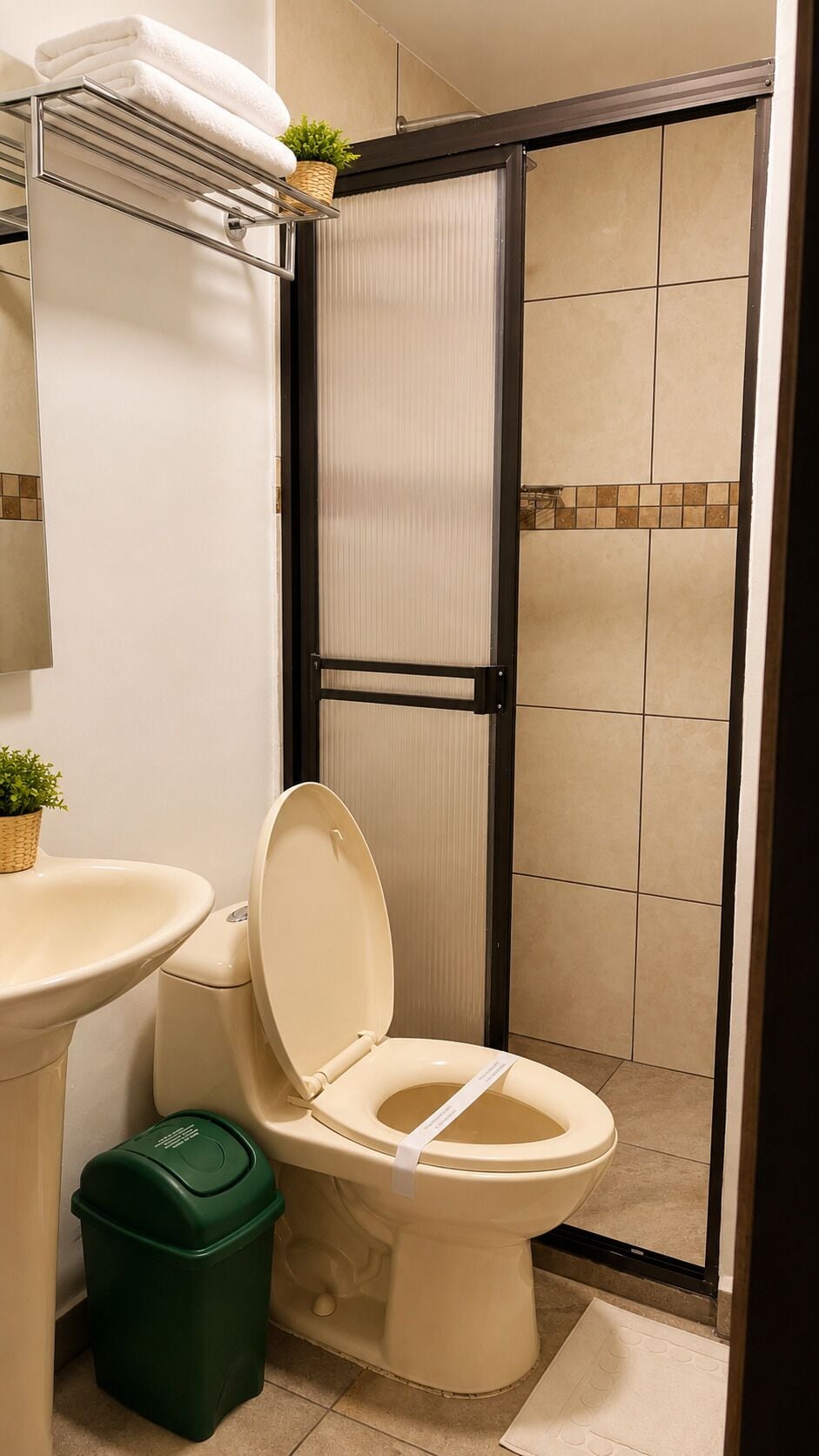 Habitación estándar con 2 camas individuales | Baño | Toallas, jabón, shampoo, papel de baño 