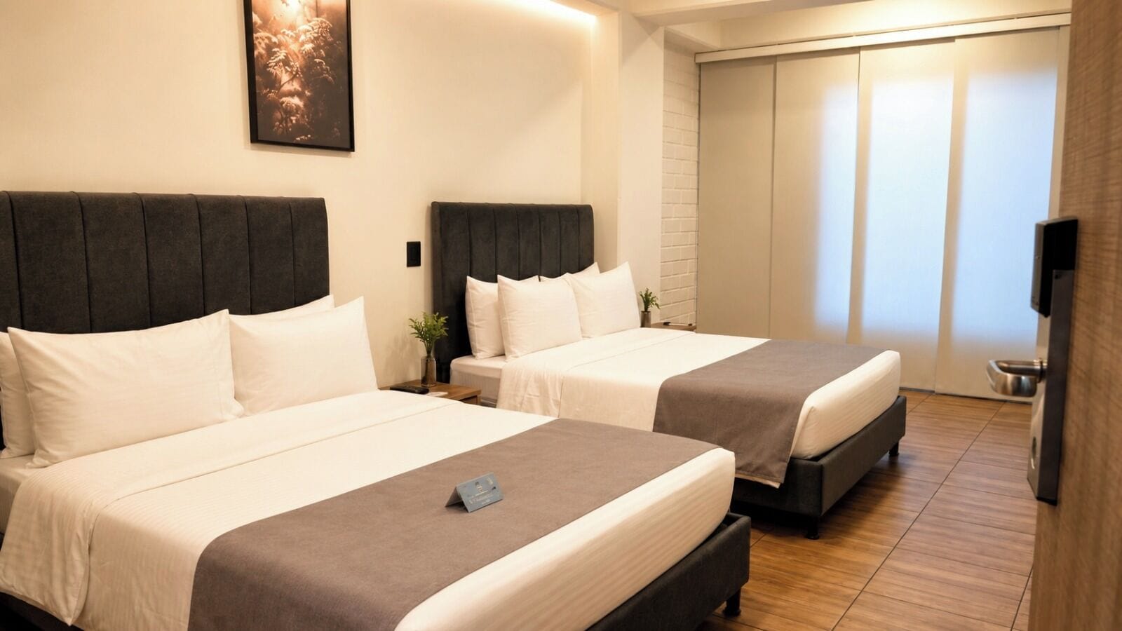 A hotel room with two beds, a sliding door closet, and a small bedside table with a plant.