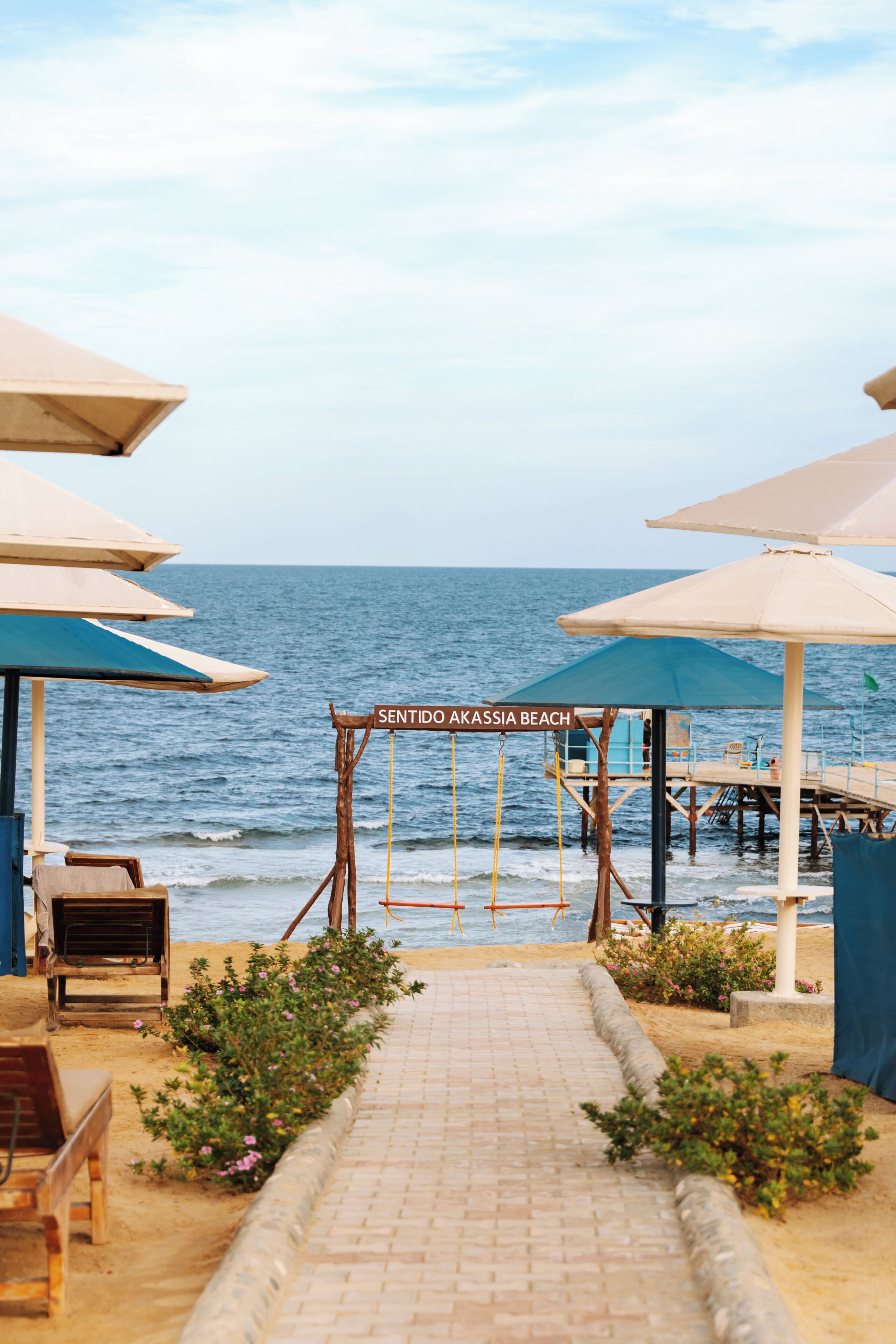 Accommodatie ligt op het strand, ligstoelen, parasols, strandlakens