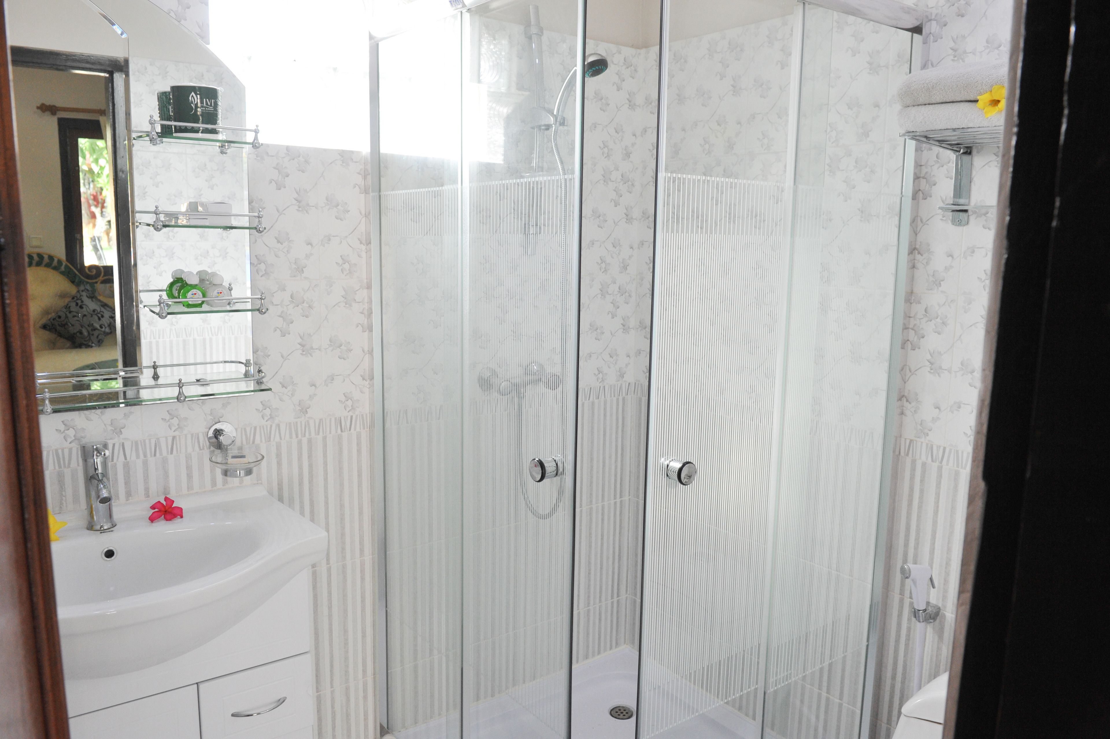 A bathroom with a glass-enclosed shower, a white sink, and a mirror above the sink.