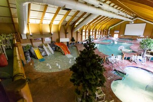 Una piscina interior con toboganes y un árbol grande en el centro.