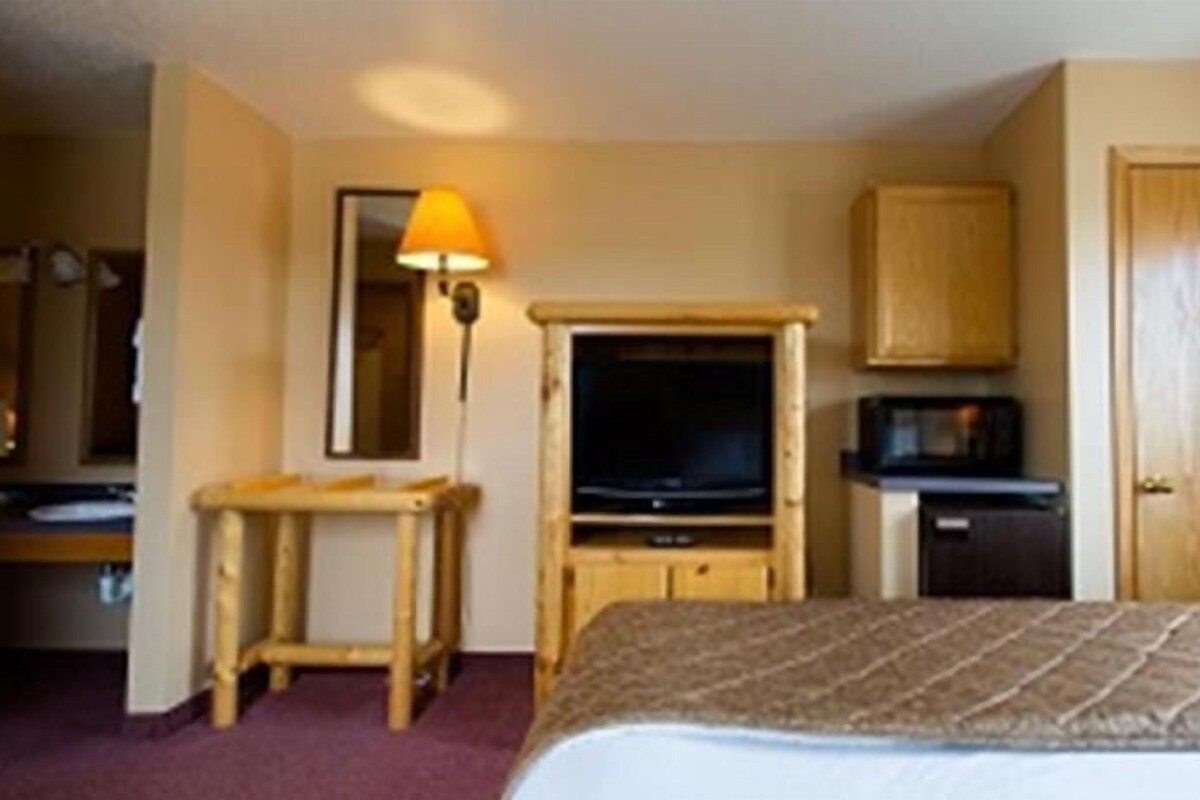 Une chambre d’hôtel équipée d’un lit, d’une télévision, d’un bureau, d’un miroir, d’un four à micro-ondes et d’une armoire.