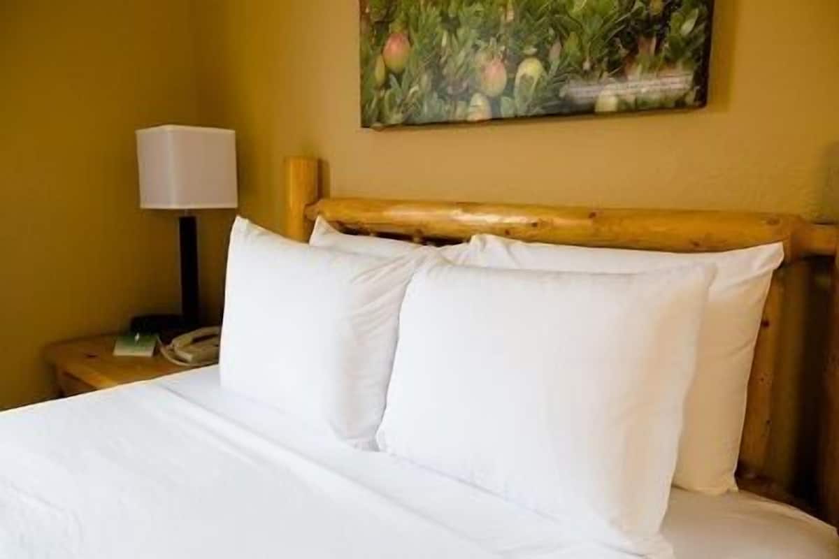 Een bed met witte lakens, een houten hoofdbord, een bedlamp en een schilderij van fruit aan de muur.