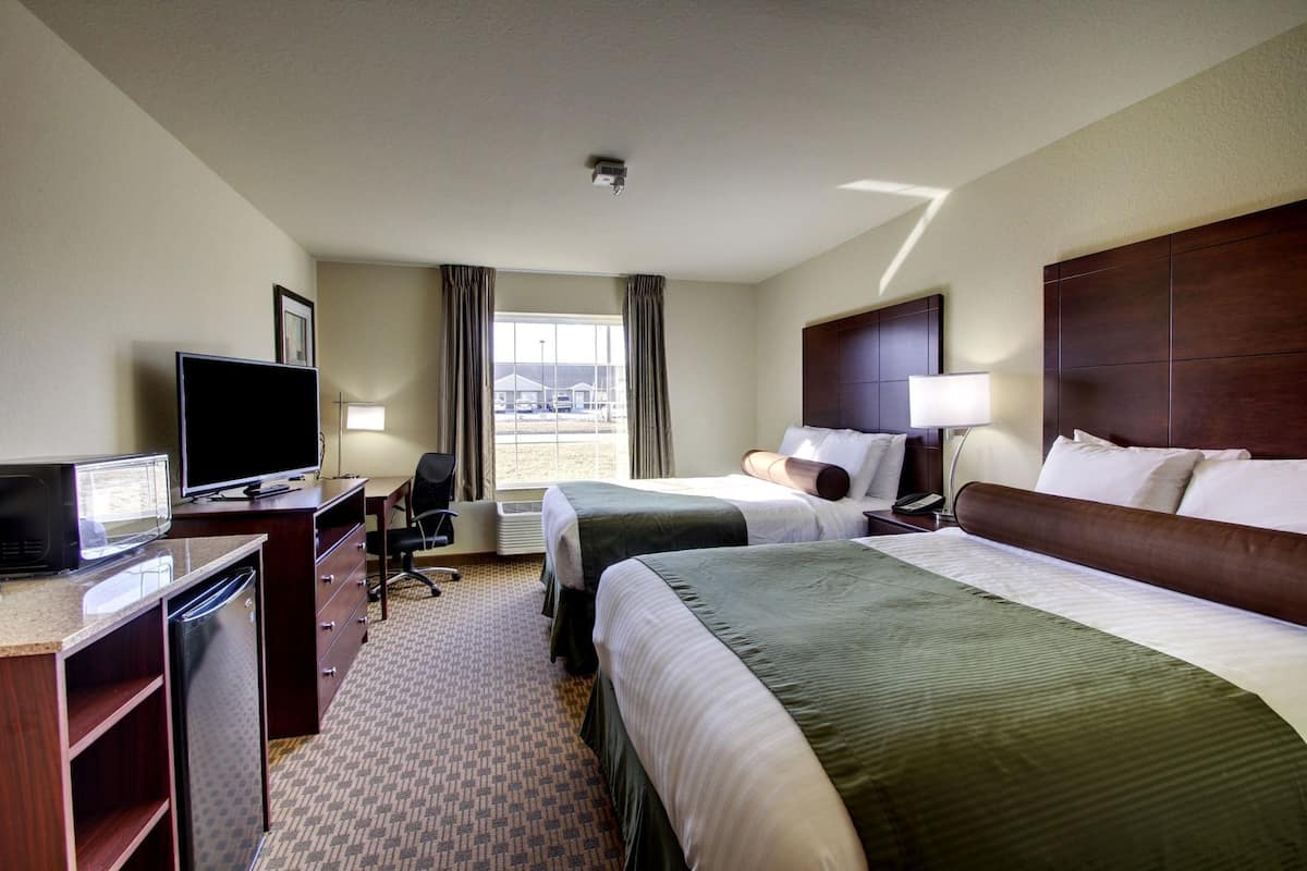 Une chambre d’hôtel avec deux lits, un bureau avec une télévision, une chaise, une lampe de bureau et une fenêtre avec des rideaux.