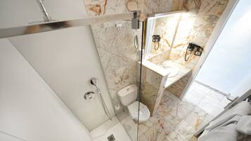 Un baño moderno con ducha envuelta en vidrio, inodoro y lavamanos con resguardo de mármol.